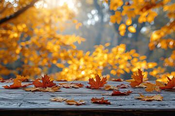 Wall Mural - Autumn Leaves on Wooden Table