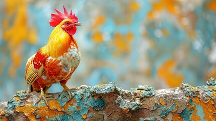 Poster -   A close-up of a rooster on a branch against a blue sky and a tree in the background