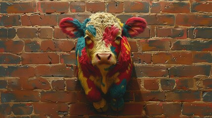 Wall Mural -   A vivid cow's head graces the foreground, contrasting against the background of a red brick wall and a brick wall farther back