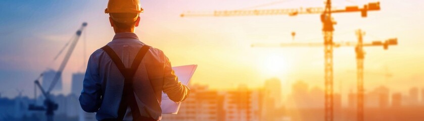 Engineer examining building plans at construction site with cranes at sunset, showcasing urban development and architectural progress.