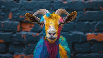 Wall Mural -   Close-up of a multi-colored goat with paint on its face against a brick background