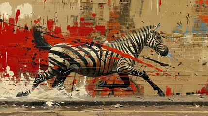 Canvas Print -   A painting depicts a zebra sprinting in front of a red brick wall, with splashed paint on its side