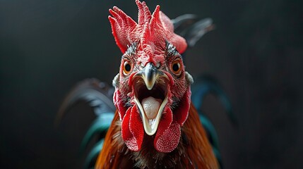 Poster -   A close-up of a rooster's face with its beak open and eyes wide open