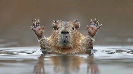 Wall Mural -   Close-up of rodent in body of water with hands raised and head above surface