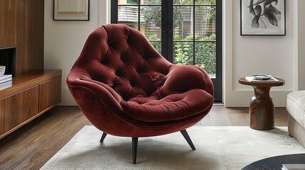 Wall Mural -   A red chair sits atop a white rug in the living room alongside a wooden table and a sliding glass door