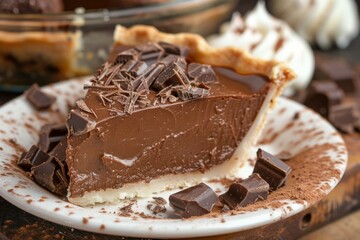 Sticker - Closeup of a decadent slice of chocolate pie garnished with chocolate shavings