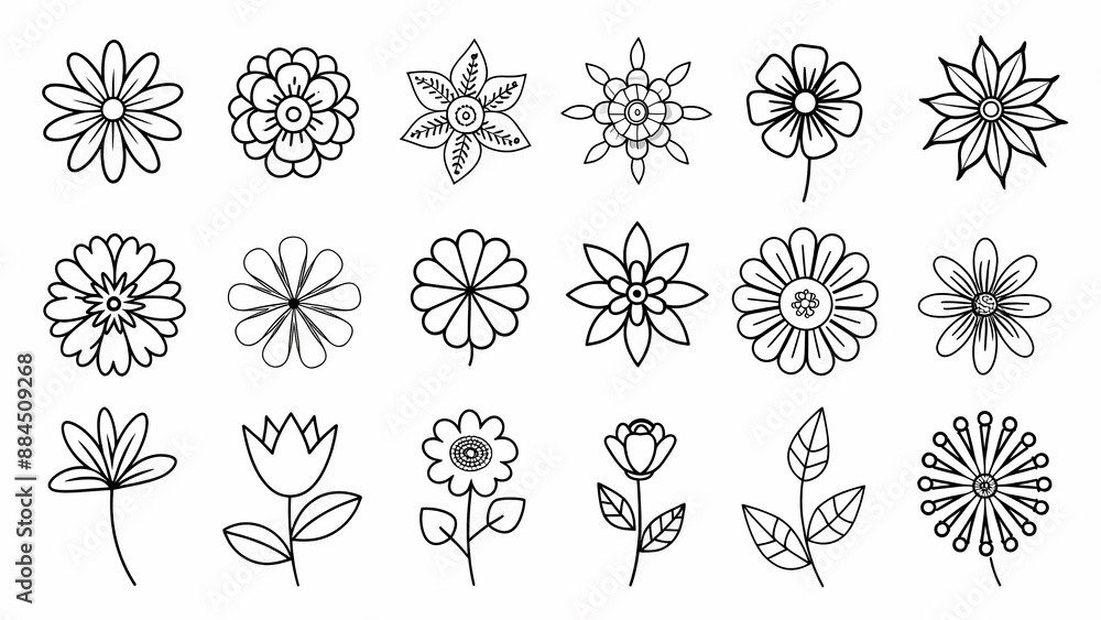 Simple line drawings of various flowers for coloring and art Stock ...