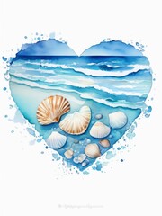 Wall Mural - Watercolor heart on white background with seascape image
