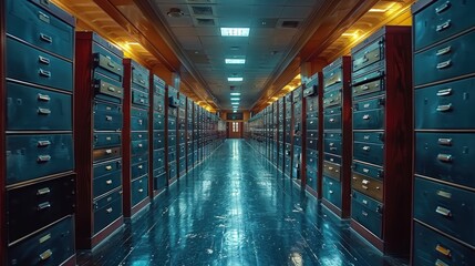 Canvas Print - A Long Corridor of Drawers in a Dark Interior Setting