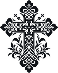 Cross decorative Floral design Silhouette Motif Pattern, Holy cross with Flower design elements silhouette pattern black and white	
