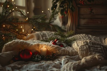 Poster - Warm and inviting christmas scene with a candle, pine branches, and holiday ornaments