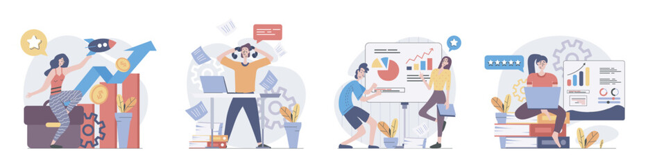 Poster - Business activities concept with people scenes set in flat web design. Collection of character situation with entrepreneurs doing strategy analysis, planning, startup develop. Vector illustrations.