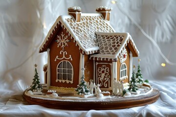 Poster - Artistic gingerbread house adorned with icing and lights, a charming symbol of holiday cheer