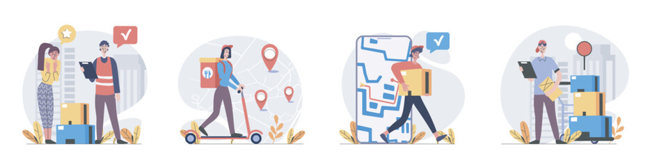 Leinwandbilder - Delivery concept with people scenes set in flat web design. Collection of character situation with couriers shipping parcels from warehouse, logistics and distribution orders. Vector illustrations.
