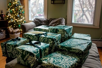 Sticker - Wrapped gifts with bows in living room with christmas tree and sofa in the background