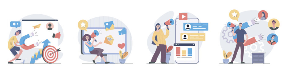 Poster - Digital marketing concept with people scenes set in flat web design. Collection of character situation with online promotion tools, target audience, social media advertisement. Vector illustrations.