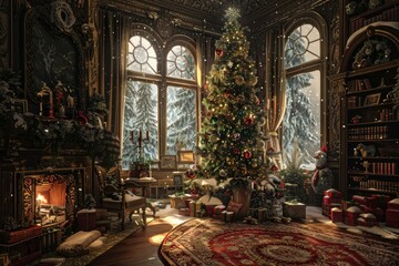 Poster - Cozy and festive holiday setting with decorated christmas tree and warm fireplace