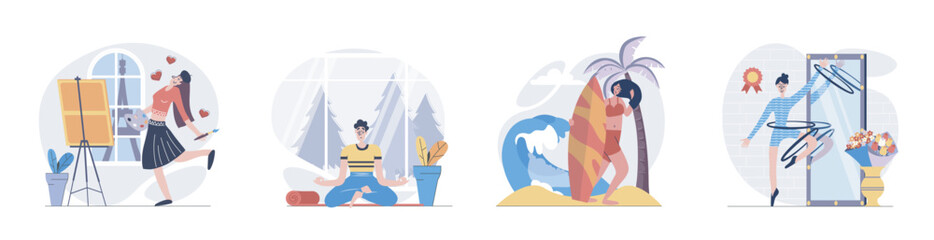 Aufkleber - Hobby concept with people scenes set in flat web design. Collection of character situation with man and woman painting art, meditating, surfing and doing gymnastics training. Vector illustrations.