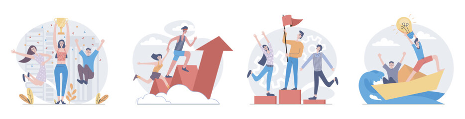 Wall Mural - Leadership concept with people scenes set in flat web design. Collection of character situation with businesswoman and businessman achieve career goals and getting victory. Vector illustrations.