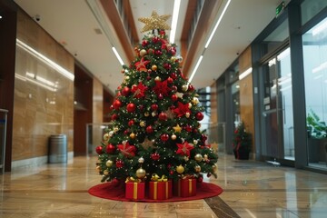 Sticker - Beautifully decorated christmas tree with gifts in a modern office building corridor