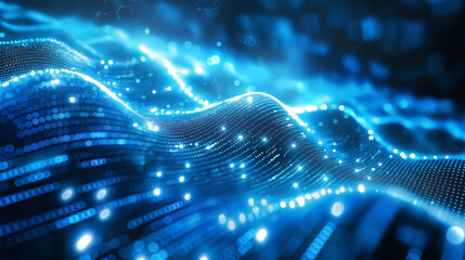 Wall Mural - flowing digital waves across an abstract blue tech backdrop, interwoven with neural network systems,