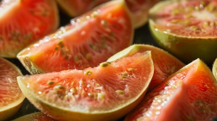 A vibrant close-up of freshly cut guavas displaying their bright pink flesh and seeds,