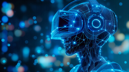 A blue hologram of a robot with glowing data streams, representing AI robotics and VR control interfaces.
