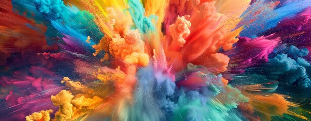 Wall Mural - Explosion of multicolored holi powder. Splash of bright colorful paint. Abstract pattern of colored dust burst. Colorful art background.