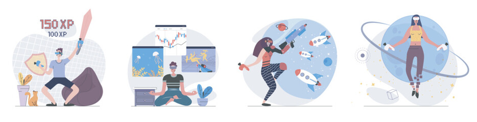 Aufkleber - Virtual reality concept with people scenes set in flat web design. Collection of character situation with users in VR headsets paying games or doing work at interactive screens. Vector illustrations.