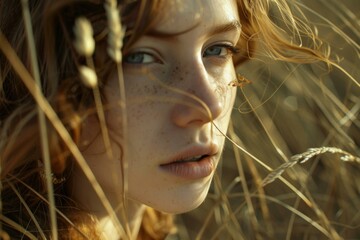 Canvas Print - Closeup of a young woman with freckles, surrounded by wheat in the warm sunlight