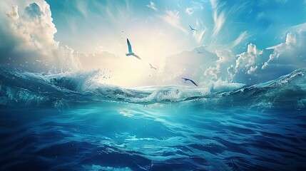 Wall Mural - Birds Flying Over Ocean Waves Under Bright Sky