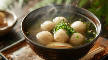 The national cuisine of Japan. Soup with fish balls and shiitake.