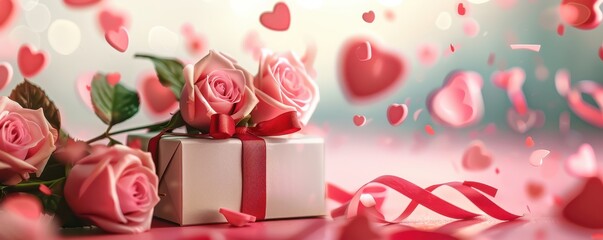 Wall Mural - A white box with red ribbon sits on a table with pink roses and hearts. Free copy space for text.