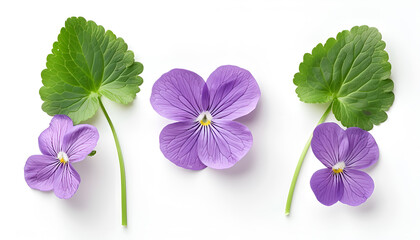 Wall Mural - Three violets and leaves isolated on white background