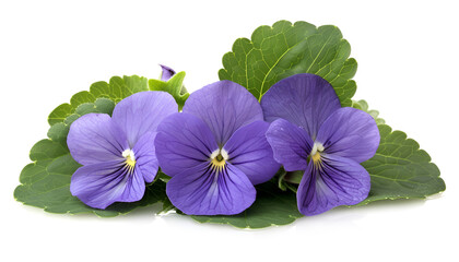 Wall Mural - Three violets and leaves isolated on white background