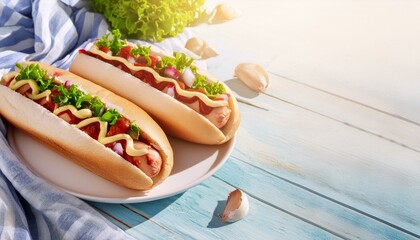 Wall Mural - Homemade vegan hotdogs. Hot dog with white meat sausages, fresh vegetables, greens, sauces, over summer sun lighted blue wooden background copy space. Copy space