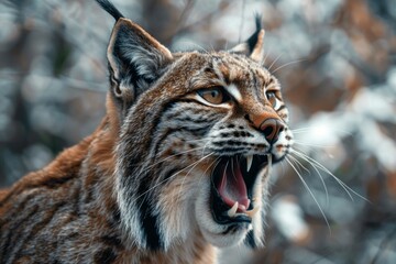 Sticker - Closeup portrait of an intense eurasian lynx in its natural habitat, showcasing the majestic beauty and powerful behavior of this elusive and endangered wild cat