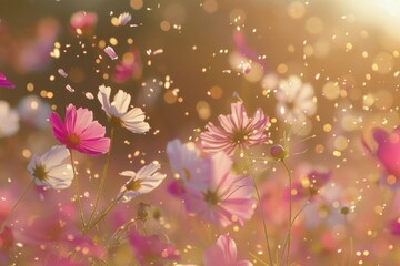 Poster - Dreamy scene of wildflowers with sparkling light particles and a warm sunset glow