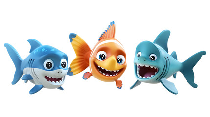 cutout set of 3 cartoon aquarium or sea fish and baby shark animal toys characters isolated on white background 