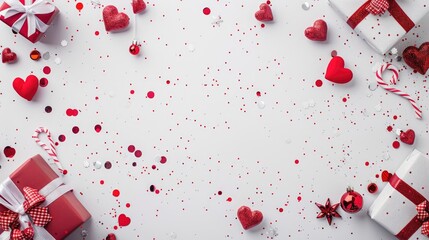 Poster - Valentine s Day Background with Gifts Toys and Confetti on White Surface