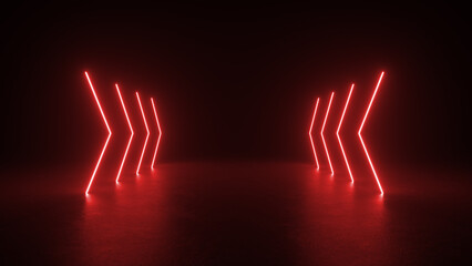 Wall Mural - red neon arrows illuminate a dark space. the glow of the arrows casts a red light on the floor.