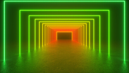 Wall Mural - a glowing tunnel of neon green and orange light leads to a dark, rectangular space.