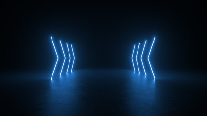 Wall Mural - blue neon shapes in the form of arrows light up a dark room. the shapes create a futuristic and abst
