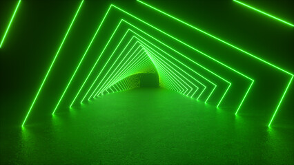 Wall Mural - a green neon light installation creates a tunnel effect with a dark background. the light is reflect