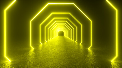 Wall Mural - a glowing yellow neon octagon tunnel extends into the distance, creating an otherworldly atmosphere.