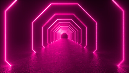 Wall Mural - a pink neon tunnel with octagon shapes glowing brightly.