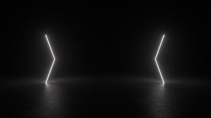 Wall Mural - two white neon glow shapes create an abstract design on a dark background. the shapes are mirrored a
