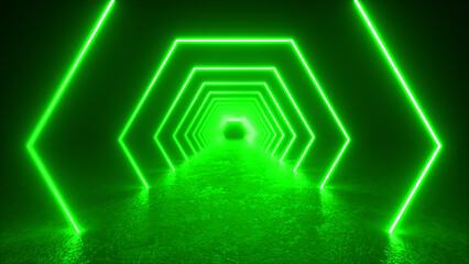 Wall Mural - a series of glowing green neon hexagons form a tunnel that extends into the distance, creating a fut