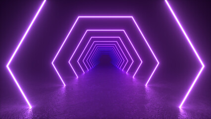 Wall Mural - a purple neon tunnel with hexagonal shapes glows in a dark room. the lights create a dramatic effect