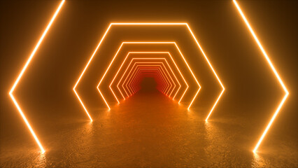 Wall Mural - a dark, glowing tunnel lined with orange neon hexagon lights. the tunnel leads to a red glow in the 